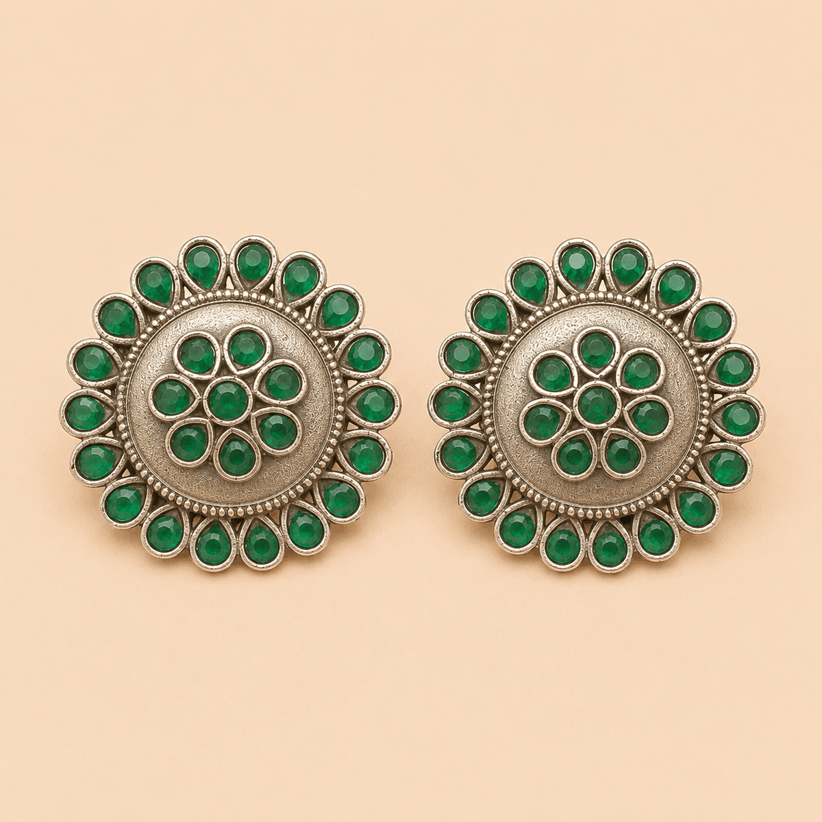 Traditional Round Stone Tops – Antique Silver Ethnic Stud Earrings 0035M