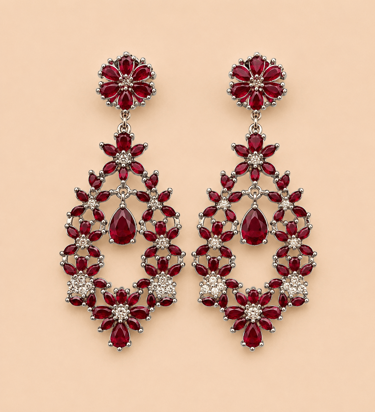 Luxury Ruby Red Floral Chandelier Earrings – Silver Tone Statement Earrings 0036M