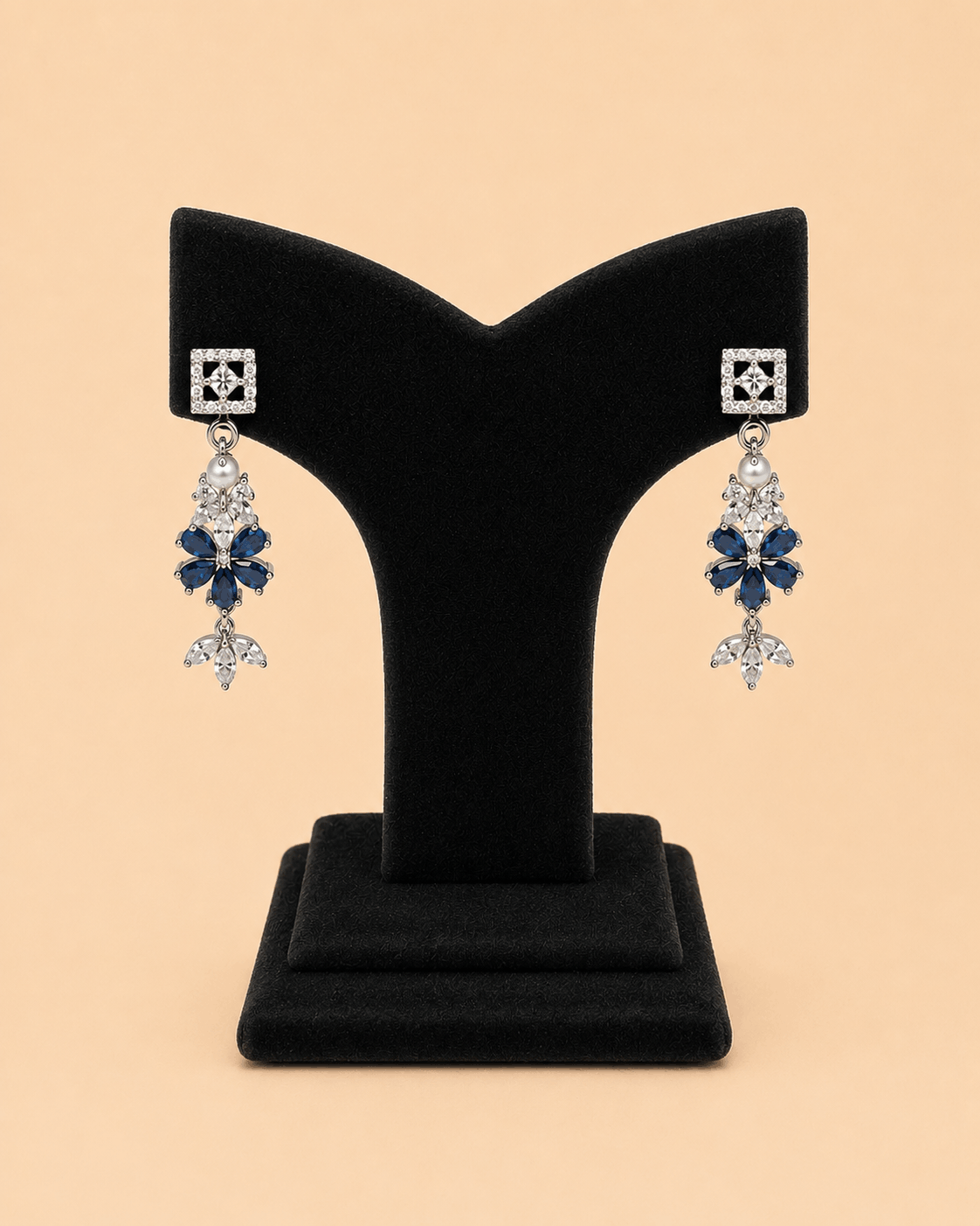 Elegant Blue Floral Drop Earrings with Pearl & Crystal Stones 0027M