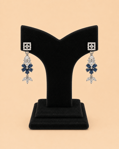 Elegant Blue Floral Drop Earrings with Pearl & Crystal Stones 0027M