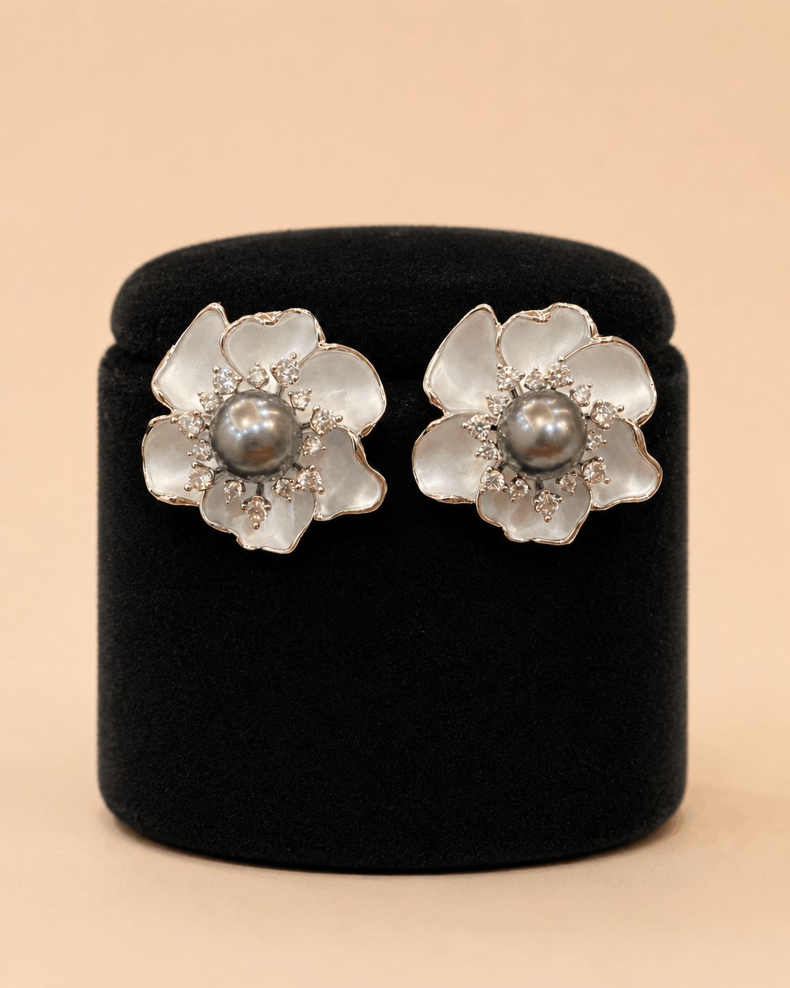 Elegant White Floral Pearl Stud Earrings with Crystal Detailing 0033M