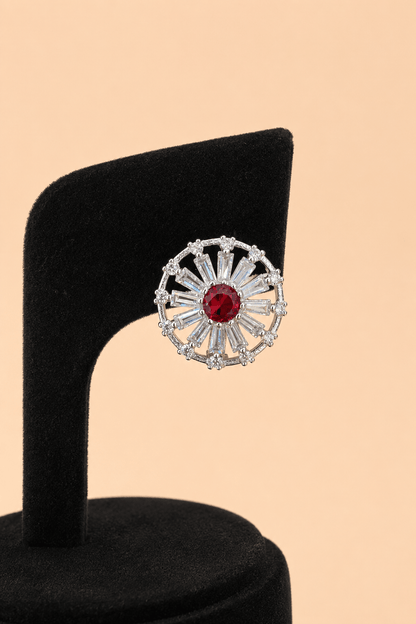 Elegant Red Stone Circular Stud Earrings – Silver Crystal Party Wear Earrings 0023M