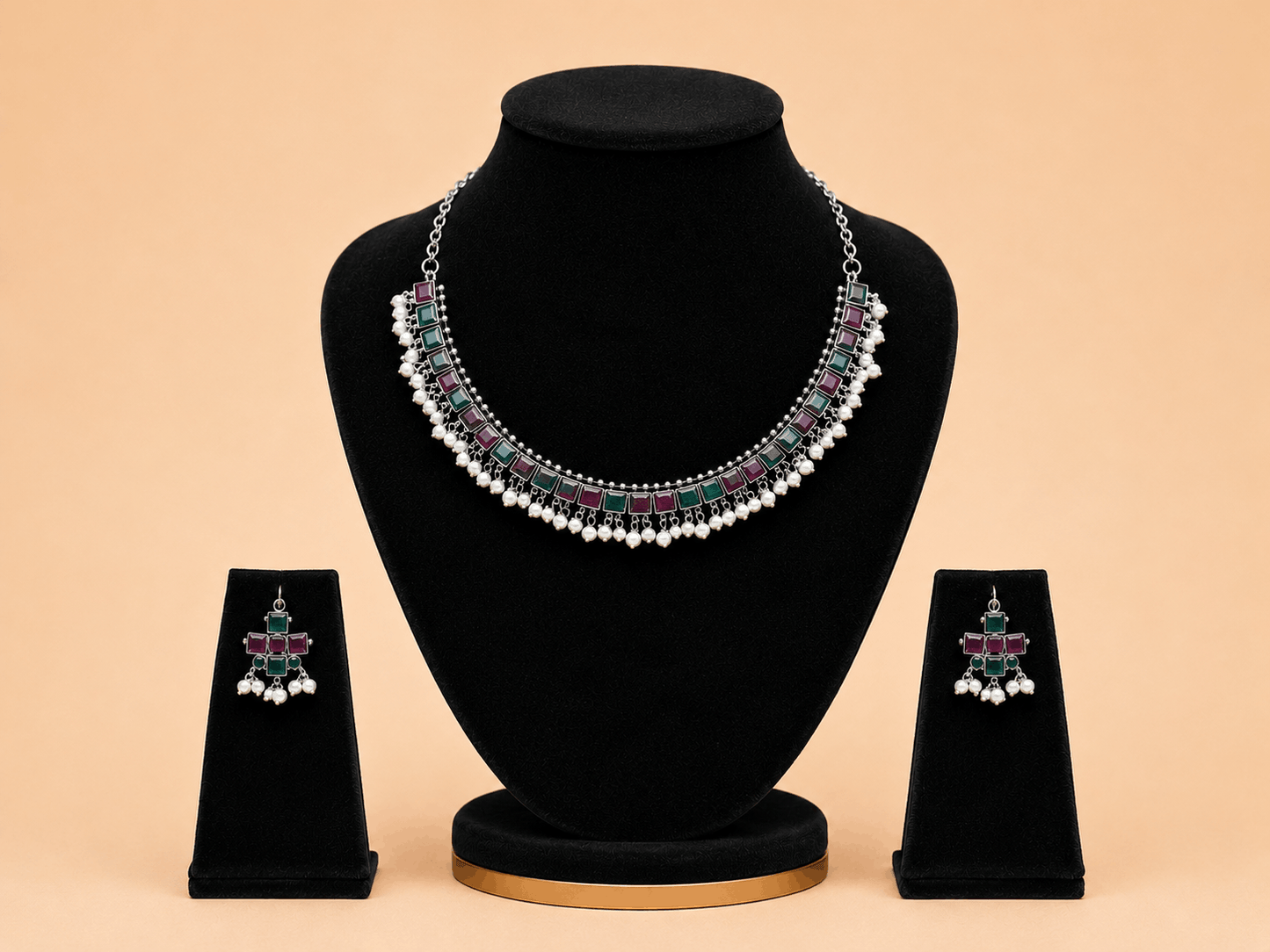 Regal Square-Stone Pearl Choker & Jhumka Earring Set – Assorted Colours – 0053M