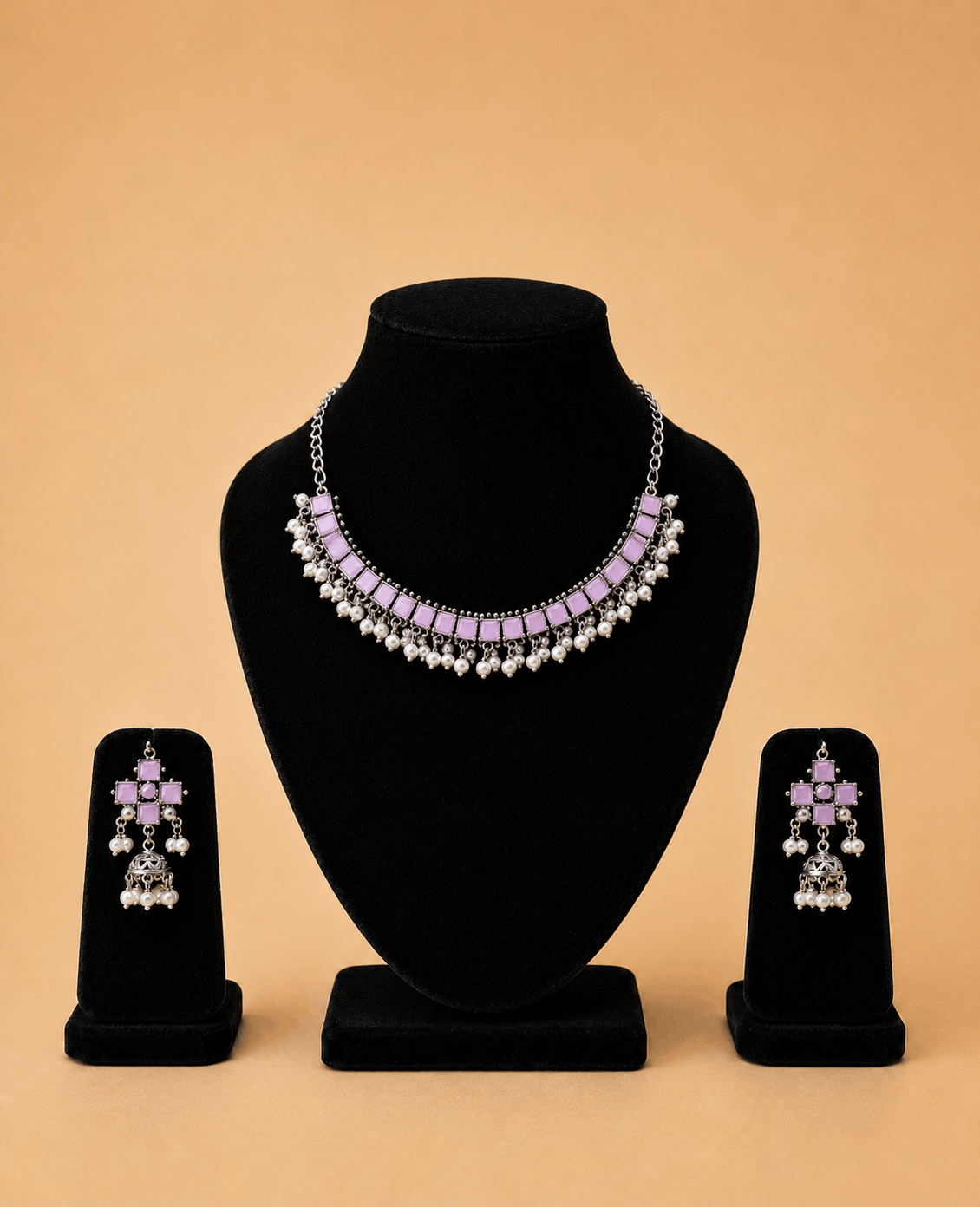 Regal Square-Stone Pearl Choker & Jhumka Earring Set – Assorted Colours – 0053M