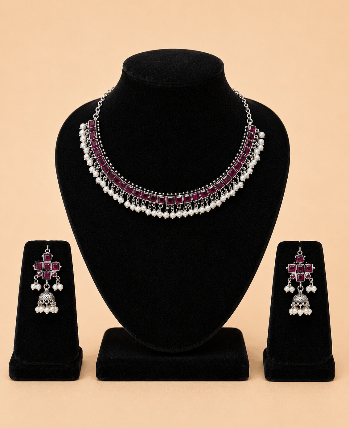 Regal Square-Stone Pearl Choker & Jhumka Earring Set – Assorted Colours – 0053M