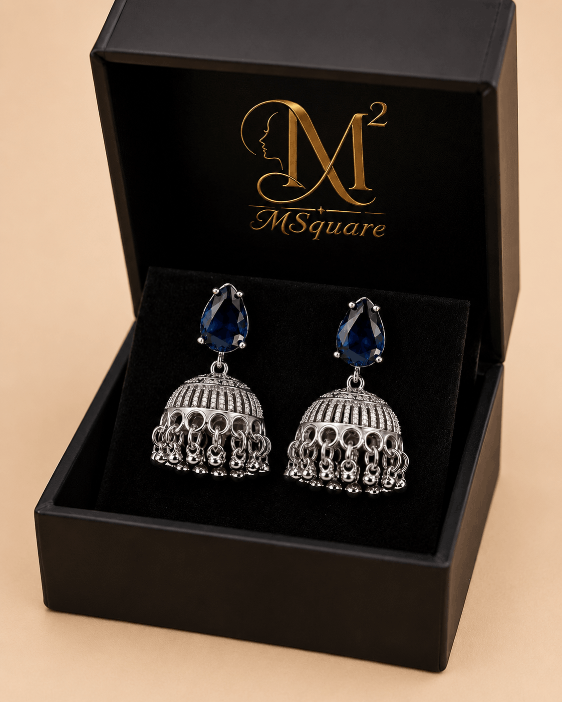 Elegant Silver Jhumka Earrings with Black Teardrop Stone – SKU: 0044M
