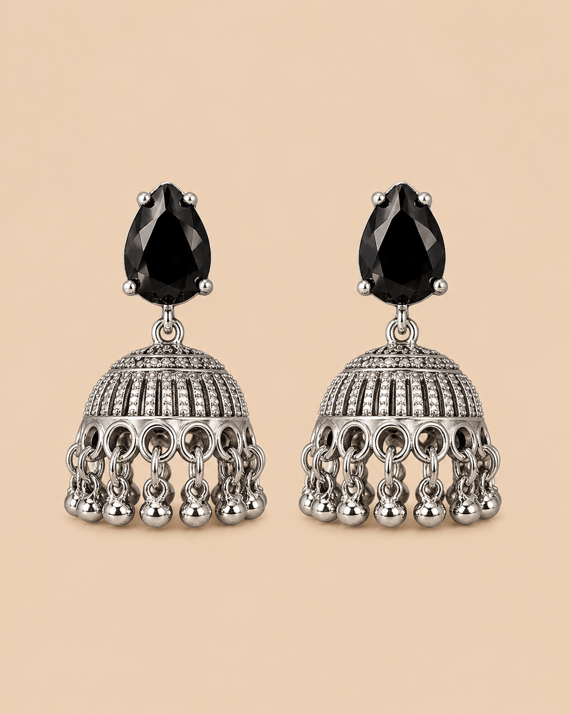 Elegant Silver Jhumka Earrings with Black Teardrop Stone – SKU: 0044M