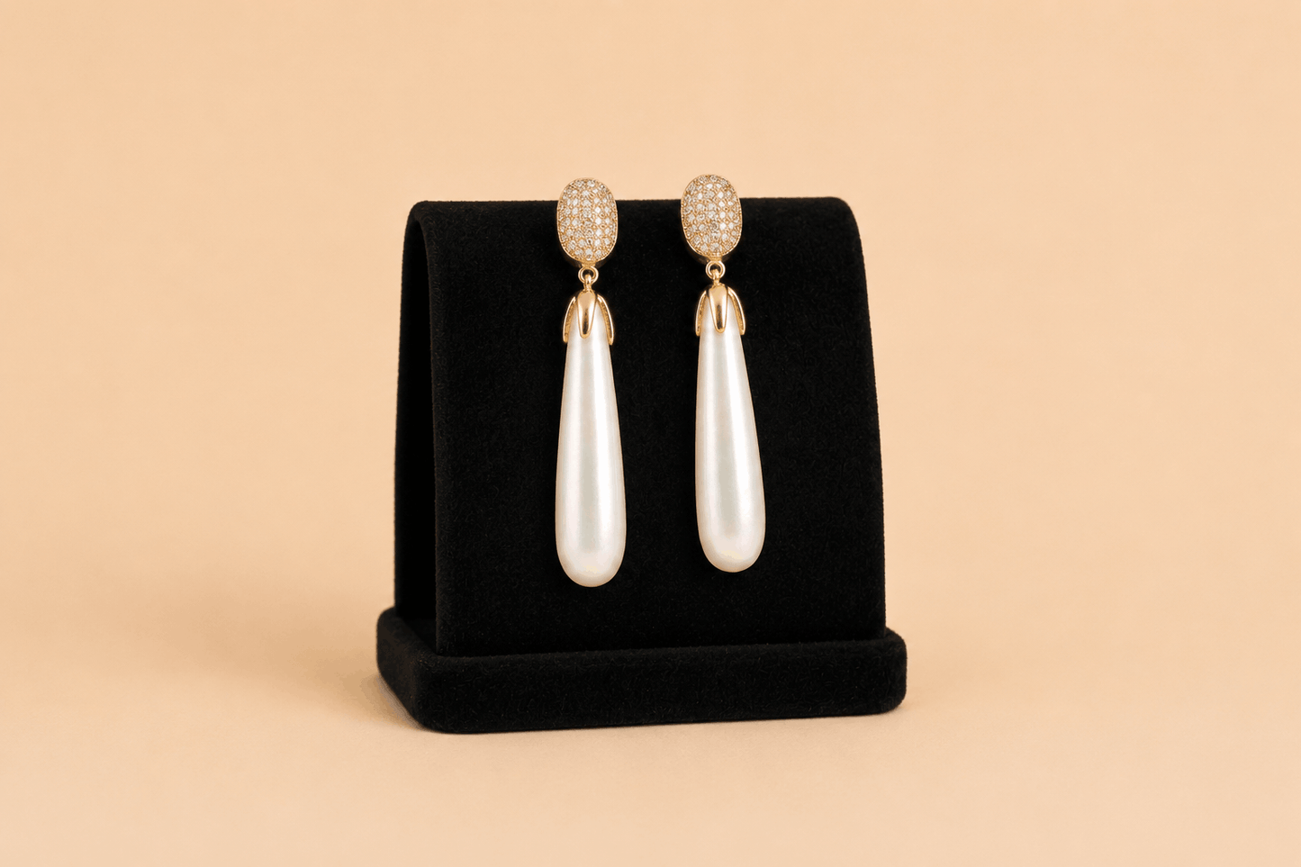 Elegant Pearl Drop Earrings with Crystal Oval Tops – Gold Tone Statement Earrings 0046M