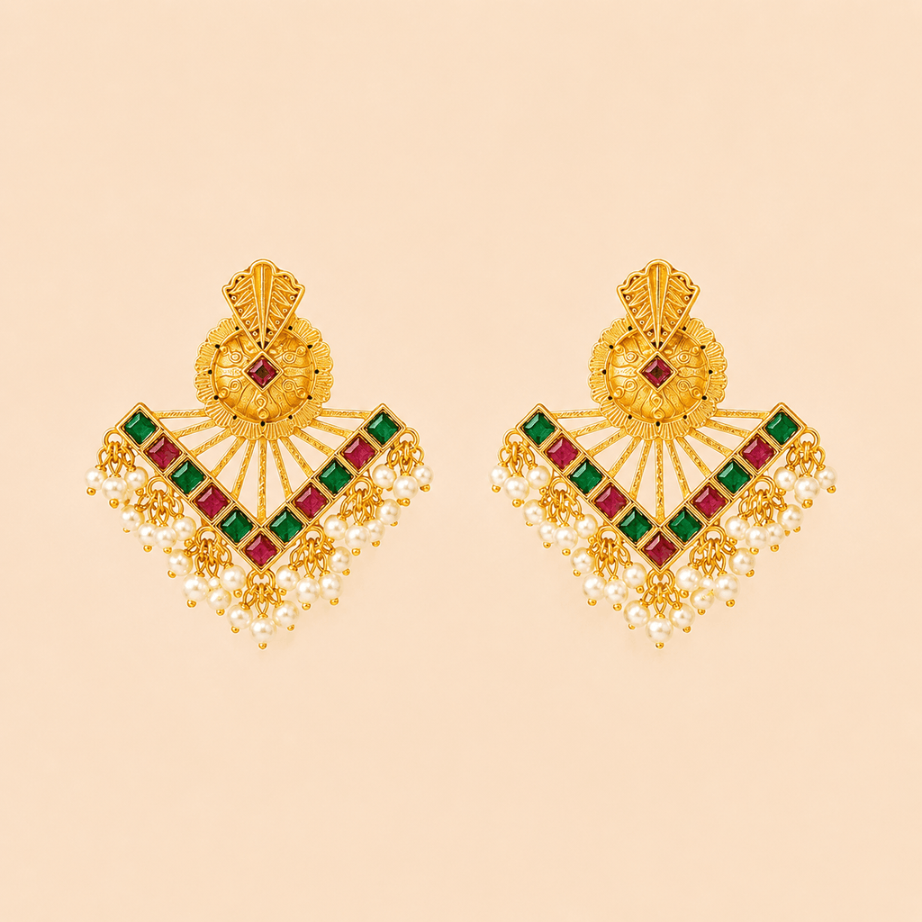 Traditional Gold Fan Drop Earrings with Pearl Hanging – Statement Ethnic Earrings 0041M