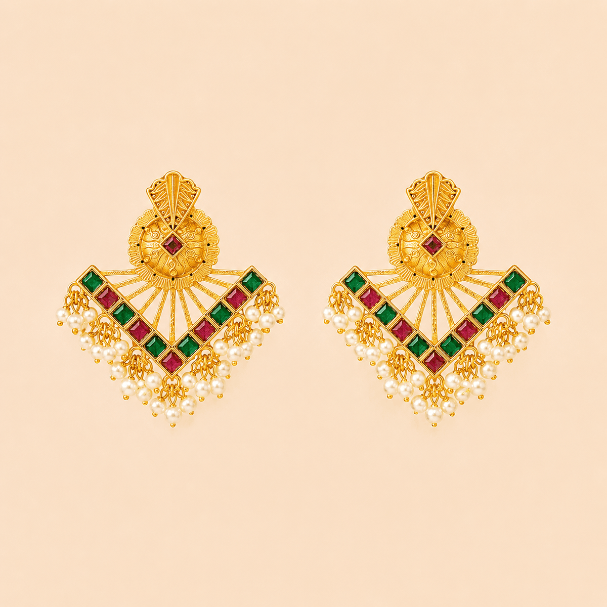 Traditional Gold Fan Drop Earrings with Pearl Hanging – Statement Ethnic Earrings 0041M
