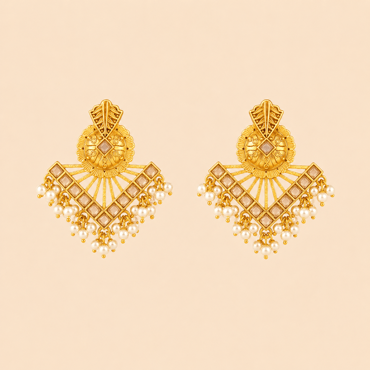 Traditional Gold Fan Drop Earrings with Pearl Hanging – Statement Ethnic Earrings 0041M