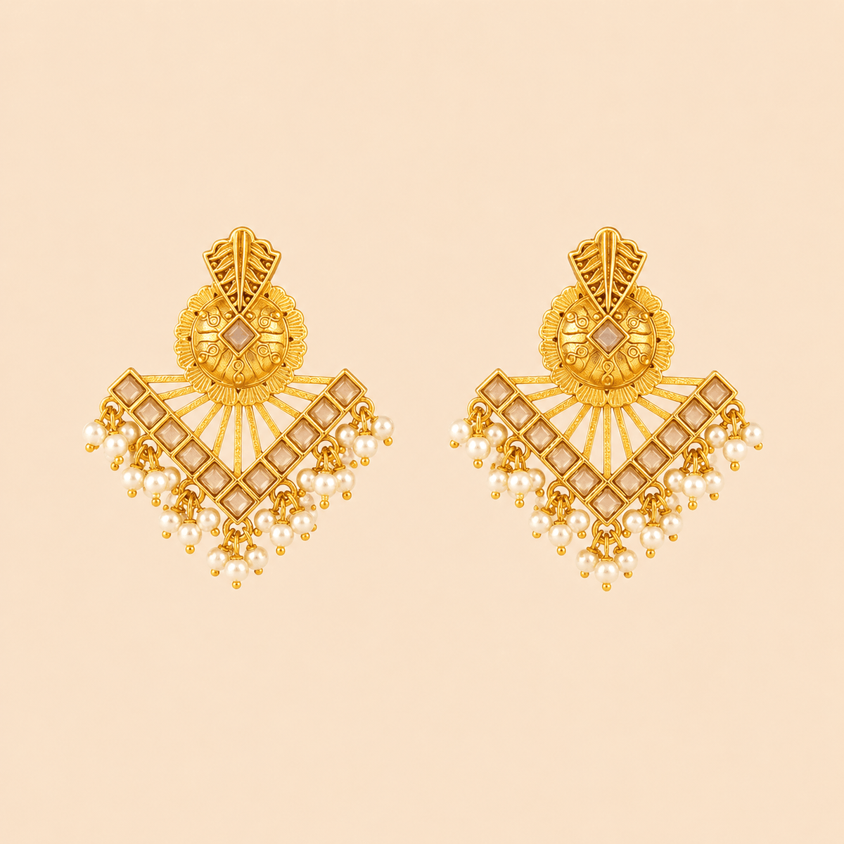 Traditional Gold Fan Drop Earrings with Pearl Hanging – Statement Ethnic Earrings 0041M