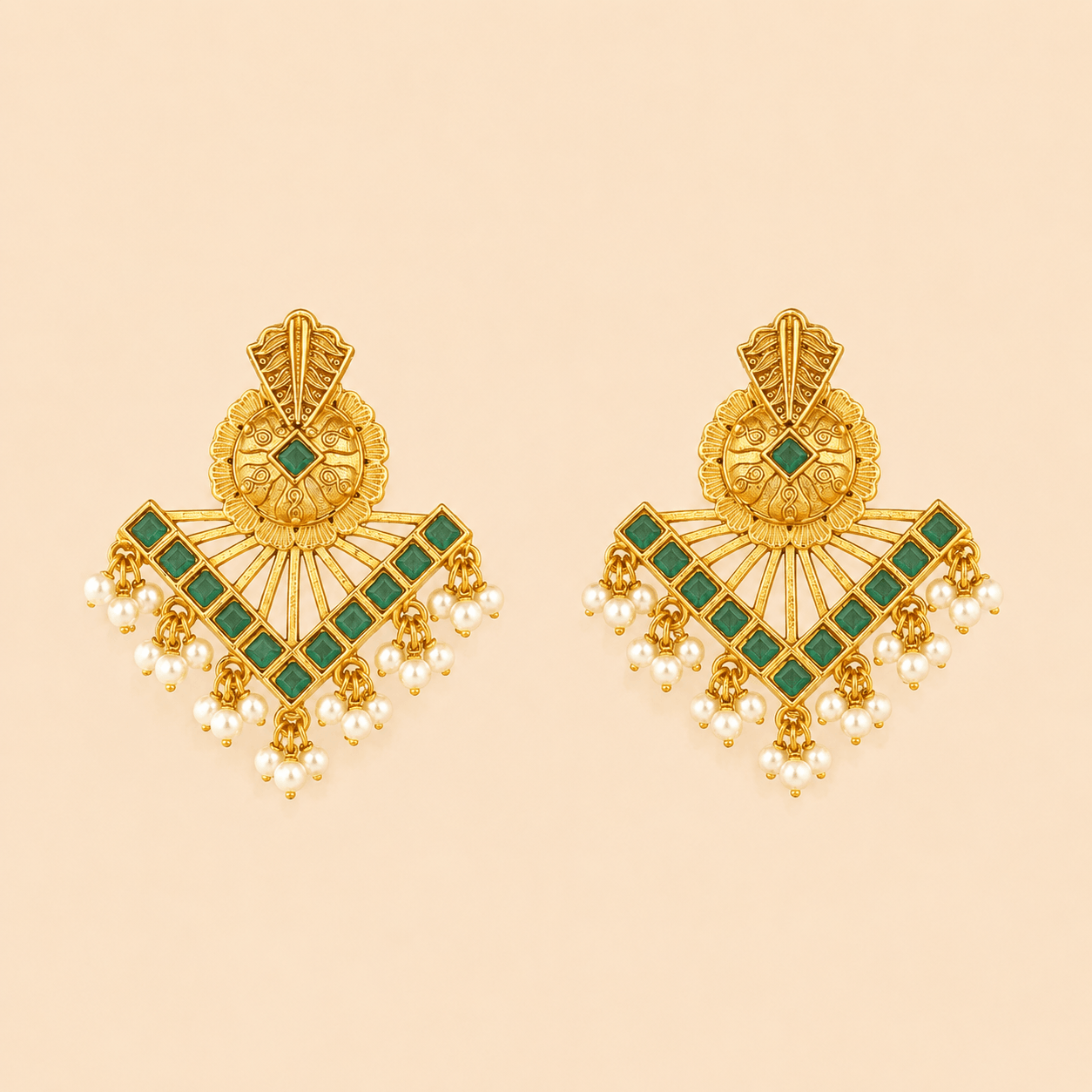 Traditional Gold Fan Drop Earrings with Pearl Hanging – Statement Ethnic Earrings 0041M