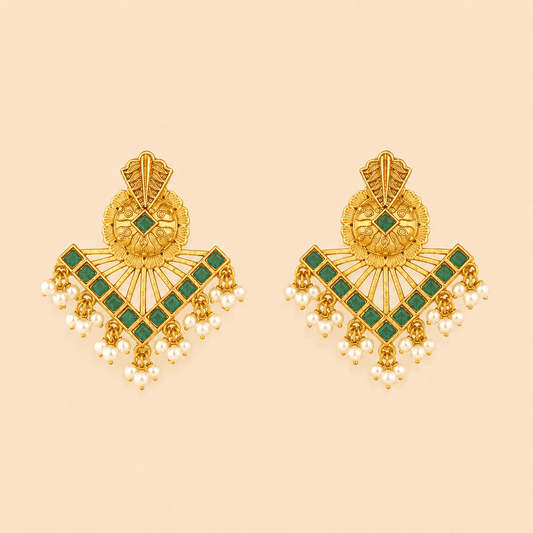 Traditional Gold Fan Drop Earrings with Pearl Hanging – Statement Ethnic Earrings 0041M