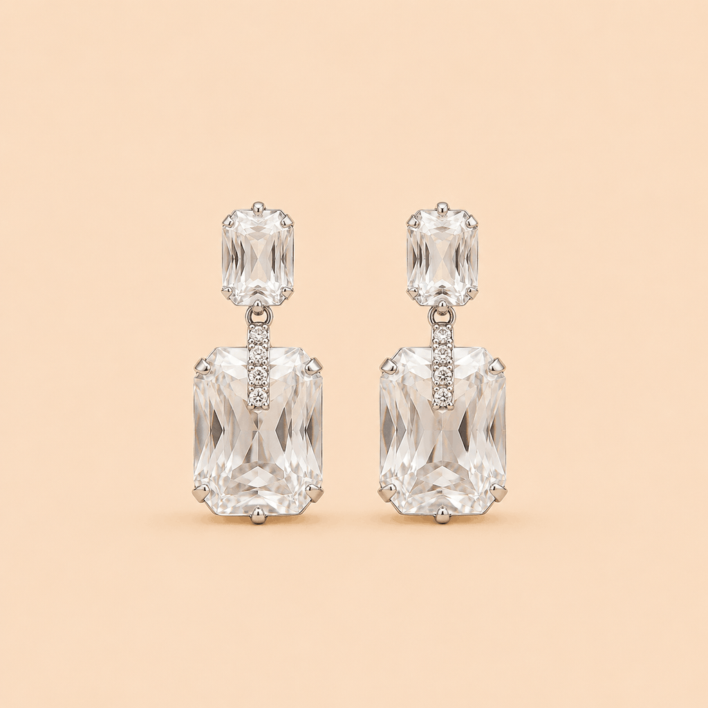 Elegant Rectangular Stone Drop Earrings – Crystal Accent Statement Earrings 0042M