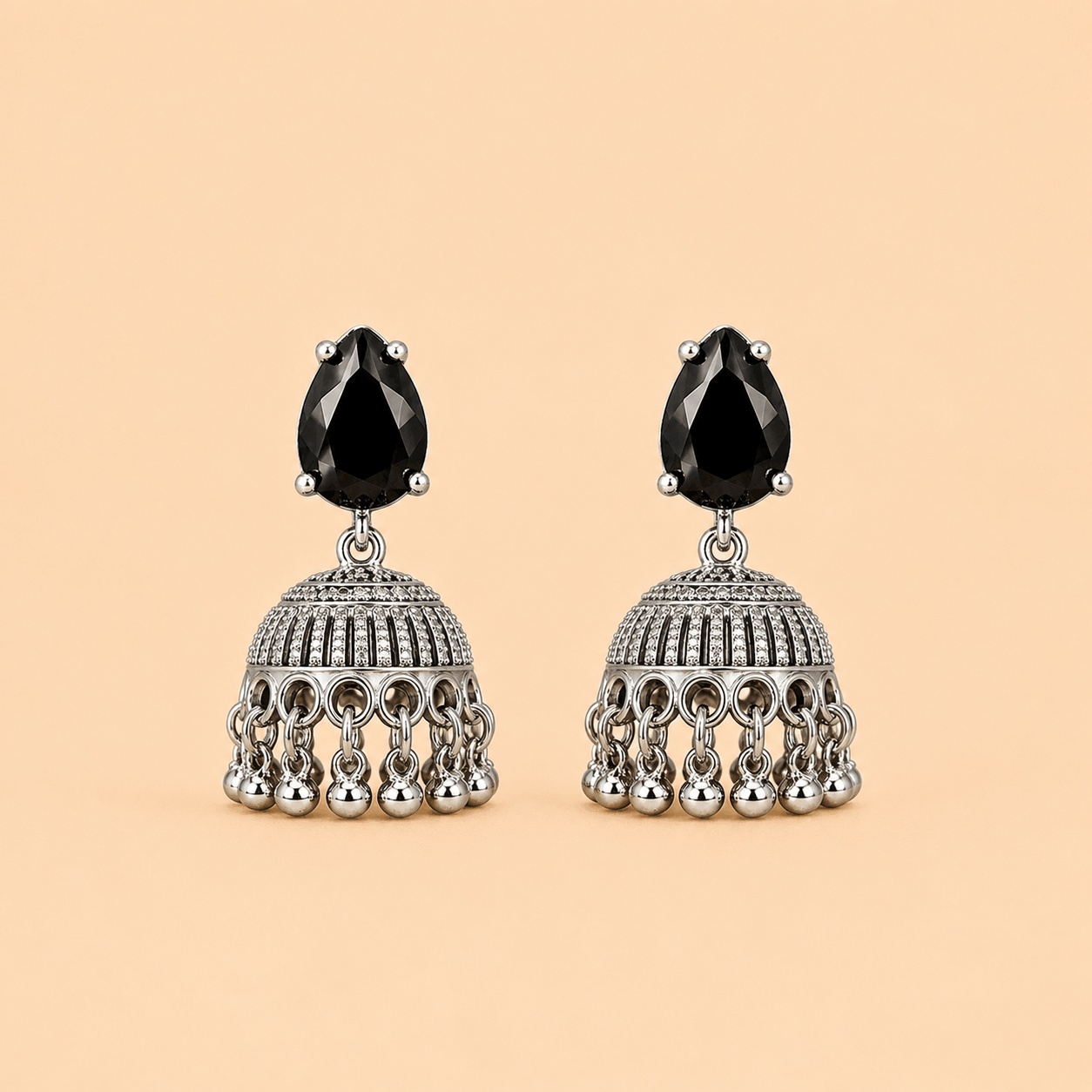 Elegant Silver Jhumka Earrings with Black Teardrop Stone – SKU: 0044M