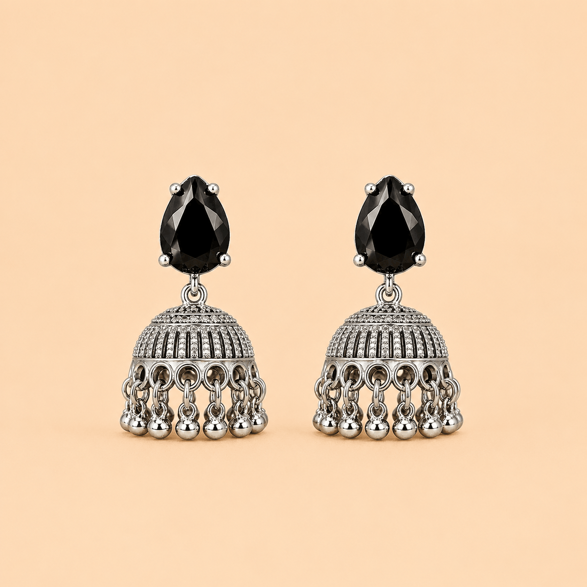 Elegant Silver Jhumka Earrings with Black Teardrop Stone – SKU: 0044M