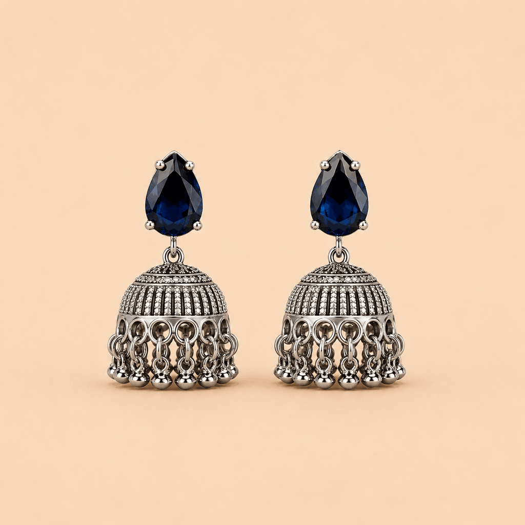 Elegant Silver Jhumka Earrings with Black Teardrop Stone – SKU: 0044M