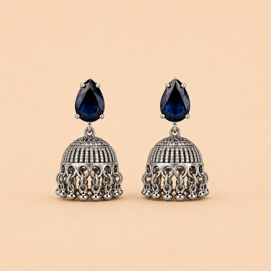 Elegant Silver Jhumka Earrings with Black Teardrop Stone – SKU: 0044M
