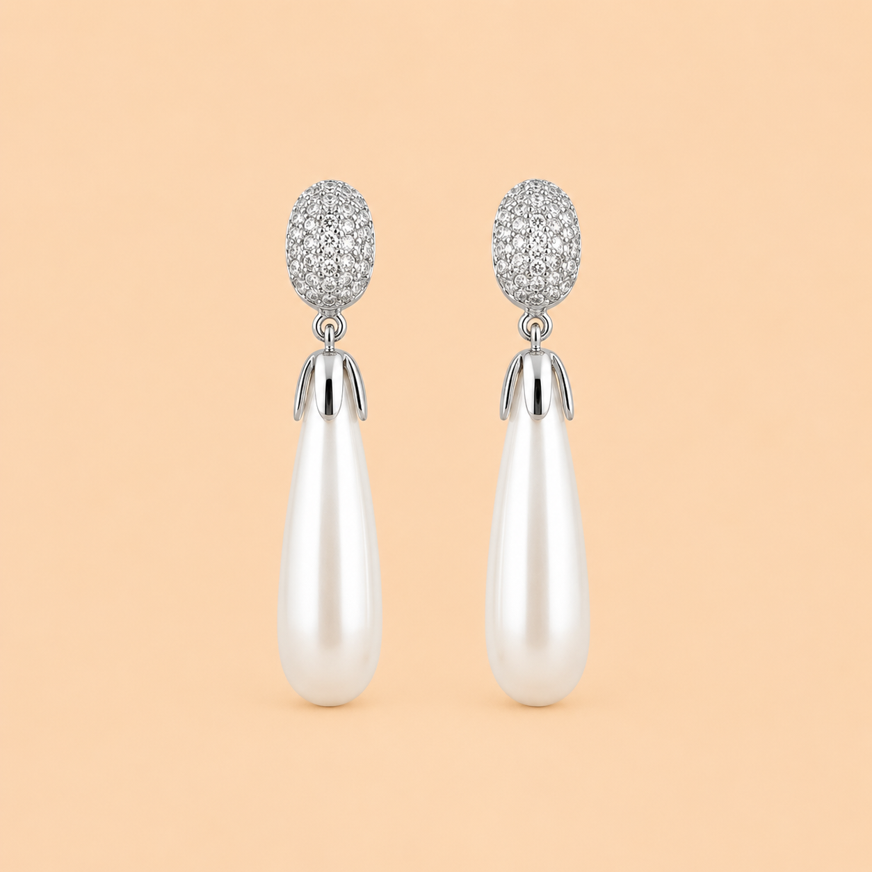 Elegant Pearl Drop Earrings with Crystal Oval Tops – Gold Tone Statement Earrings 0046M