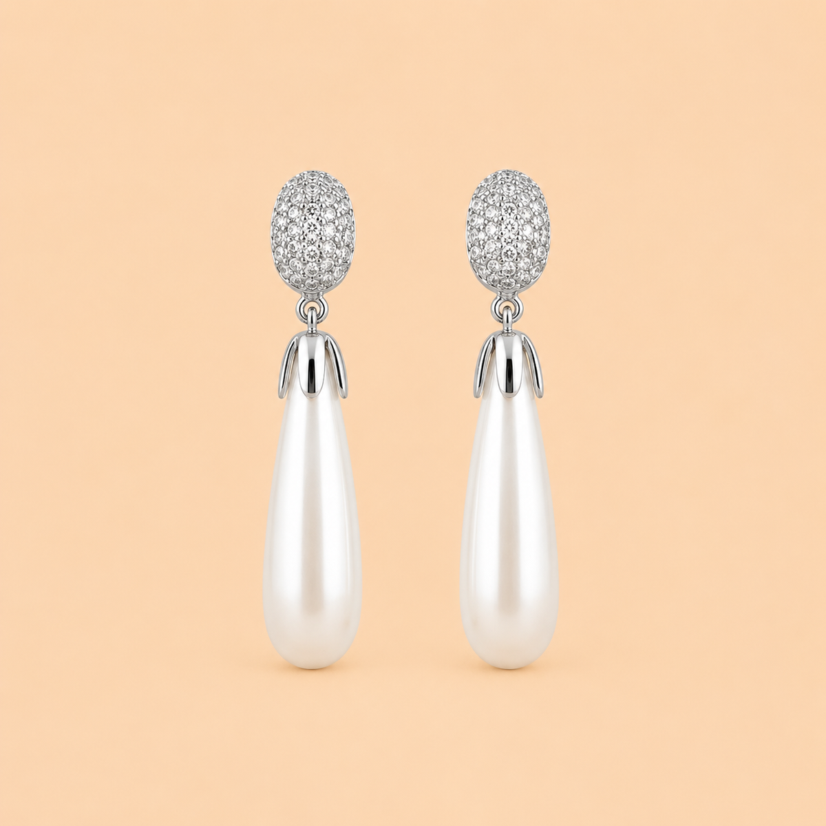 Elegant Pearl Drop Earrings with Crystal Oval Tops – Gold Tone Statement Earrings 0046M