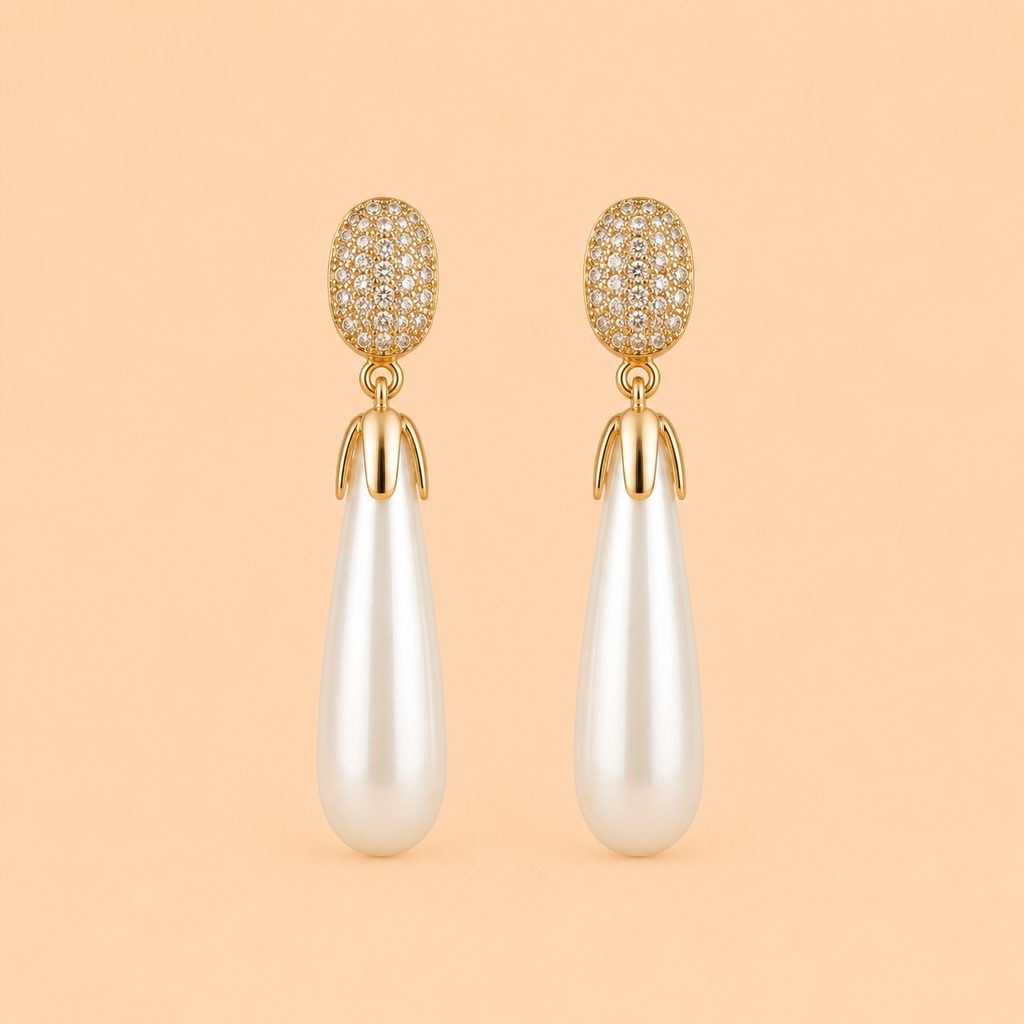 Elegant Pearl Drop Earrings with Crystal Oval Tops – Gold Tone Statement Earrings 0046M