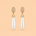 Elegant Pearl Drop Earrings with Crystal Oval Tops – Gold Tone Statement Earrings 0046M