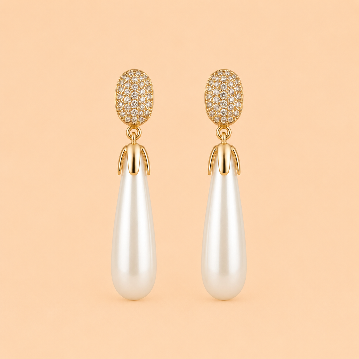 Elegant Pearl Drop Earrings with Crystal Oval Tops – Gold Tone Statement Earrings 0046M