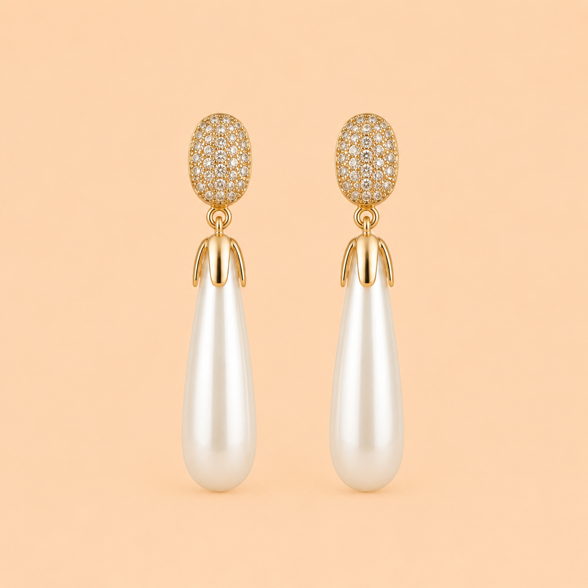 Elegant Pearl Drop Earrings with Crystal Oval Tops – Gold Tone Statement Earrings 0046M