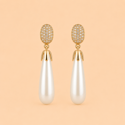Elegant Pearl Drop Earrings with Crystal Oval Tops – Gold Tone Statement Earrings 0046M