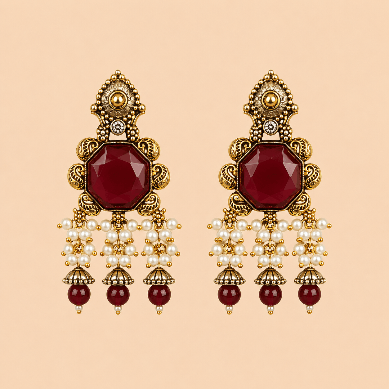 Regal Emerald Pearl Cascade Jhumka Earrings – 0058M