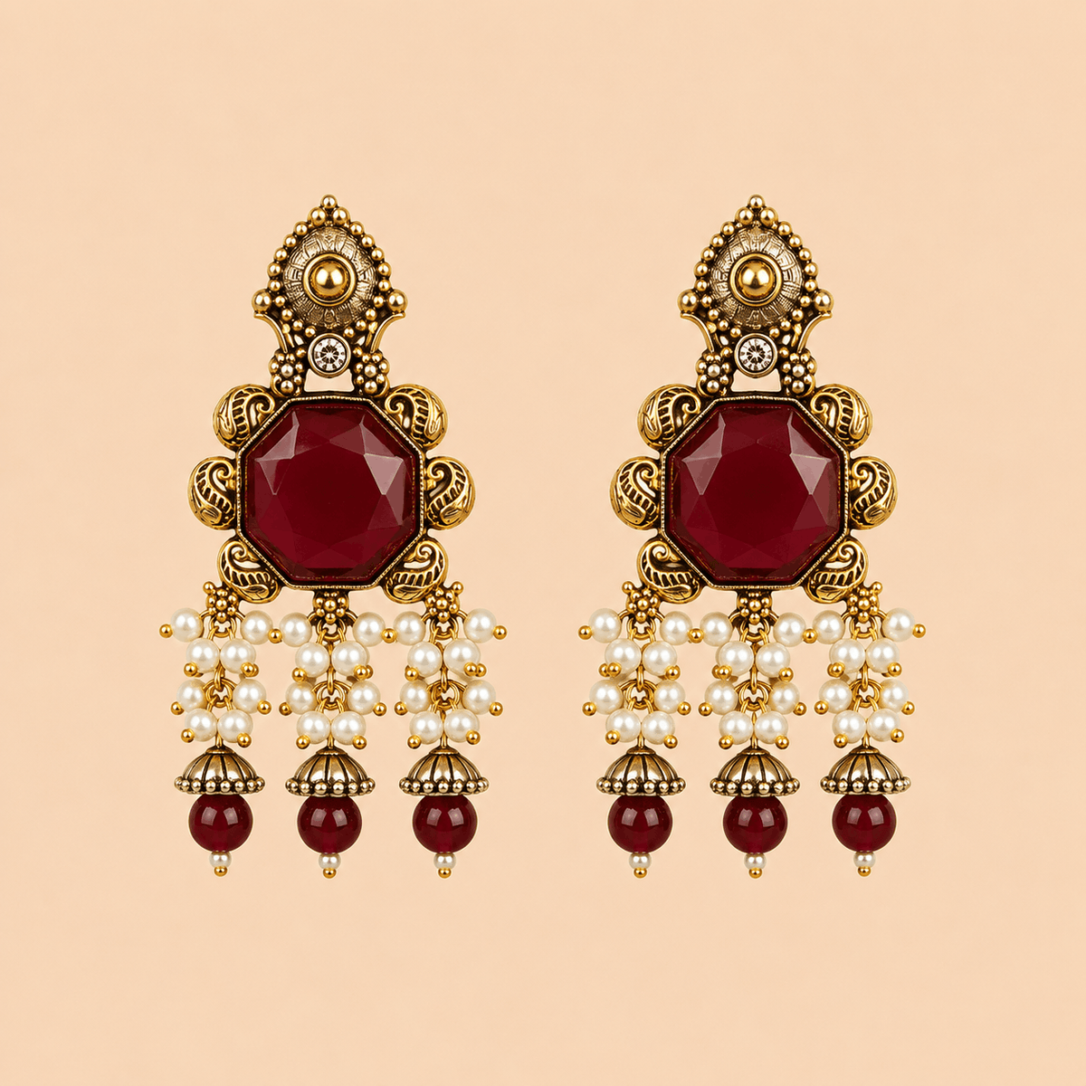 Regal Emerald Pearl Cascade Jhumka Earrings – 0058M