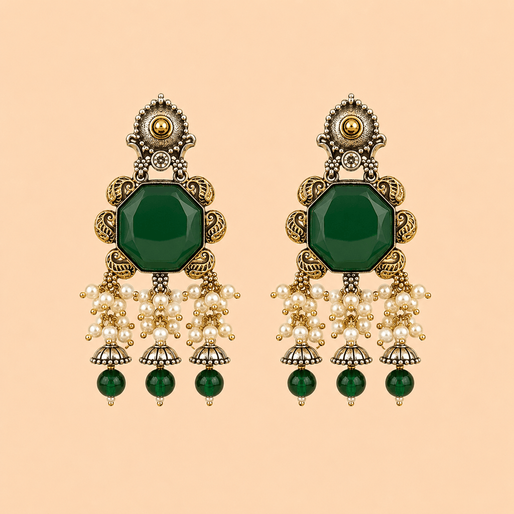 Regal Emerald Pearl Cascade Jhumka Earrings – 0058M