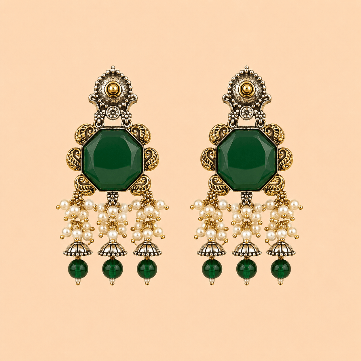 Regal Emerald Pearl Cascade Jhumka Earrings – 0058M