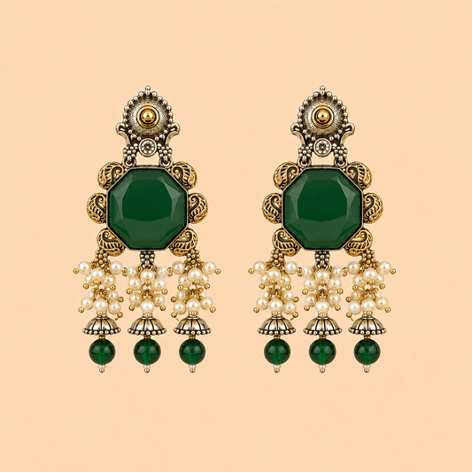 Regal Emerald Pearl Cascade Jhumka Earrings – 0058M