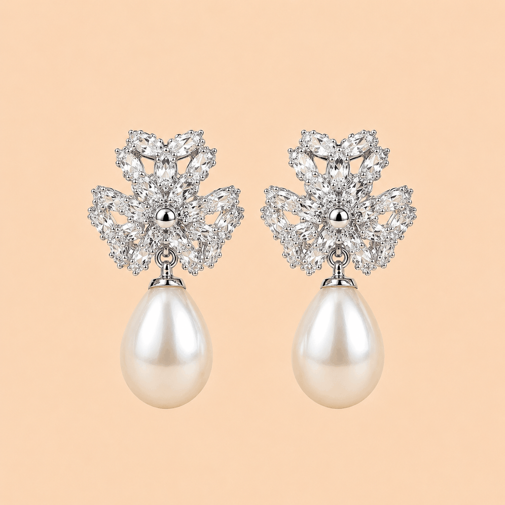 Crystal Floral Pearl Drop Earrings – Gold & Silver 0056M