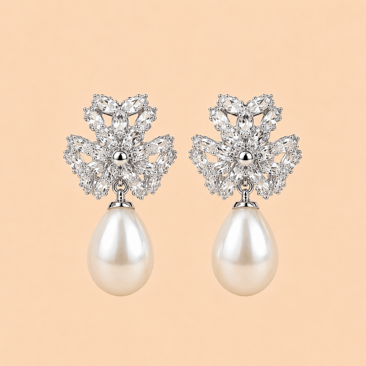 Crystal Floral Pearl Drop Earrings – Gold & Silver 0056M