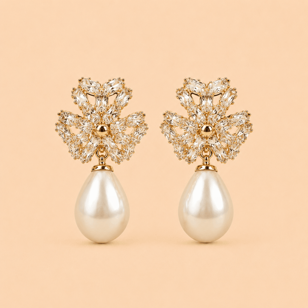Crystal Floral Pearl Drop Earrings – Gold & Silver 0056M