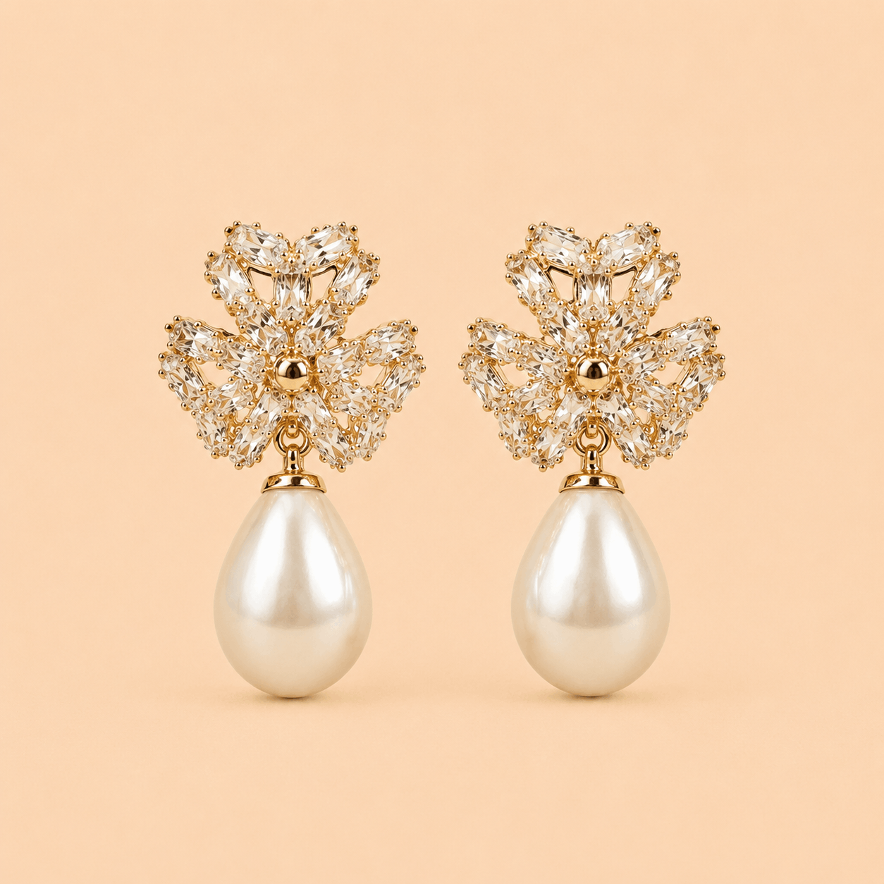 Crystal Floral Pearl Drop Earrings – Gold & Silver 0056M