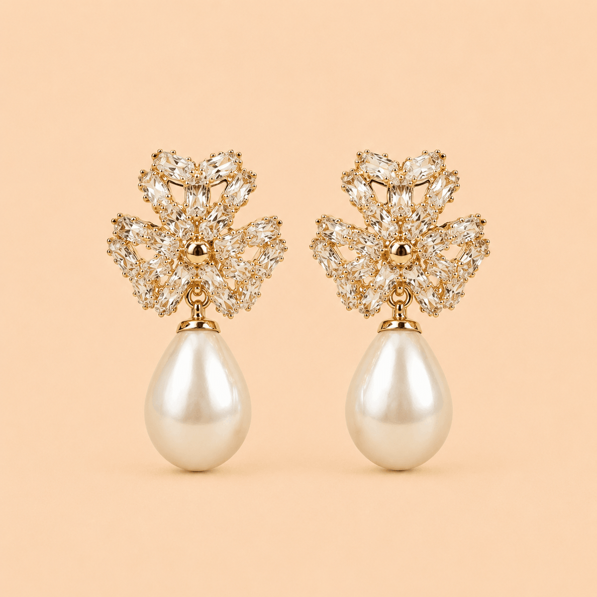 Crystal Floral Pearl Drop Earrings – Gold & Silver 0056M