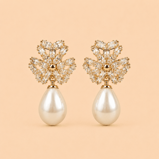 Crystal Floral Pearl Drop Earrings – Gold & Silver 0056M