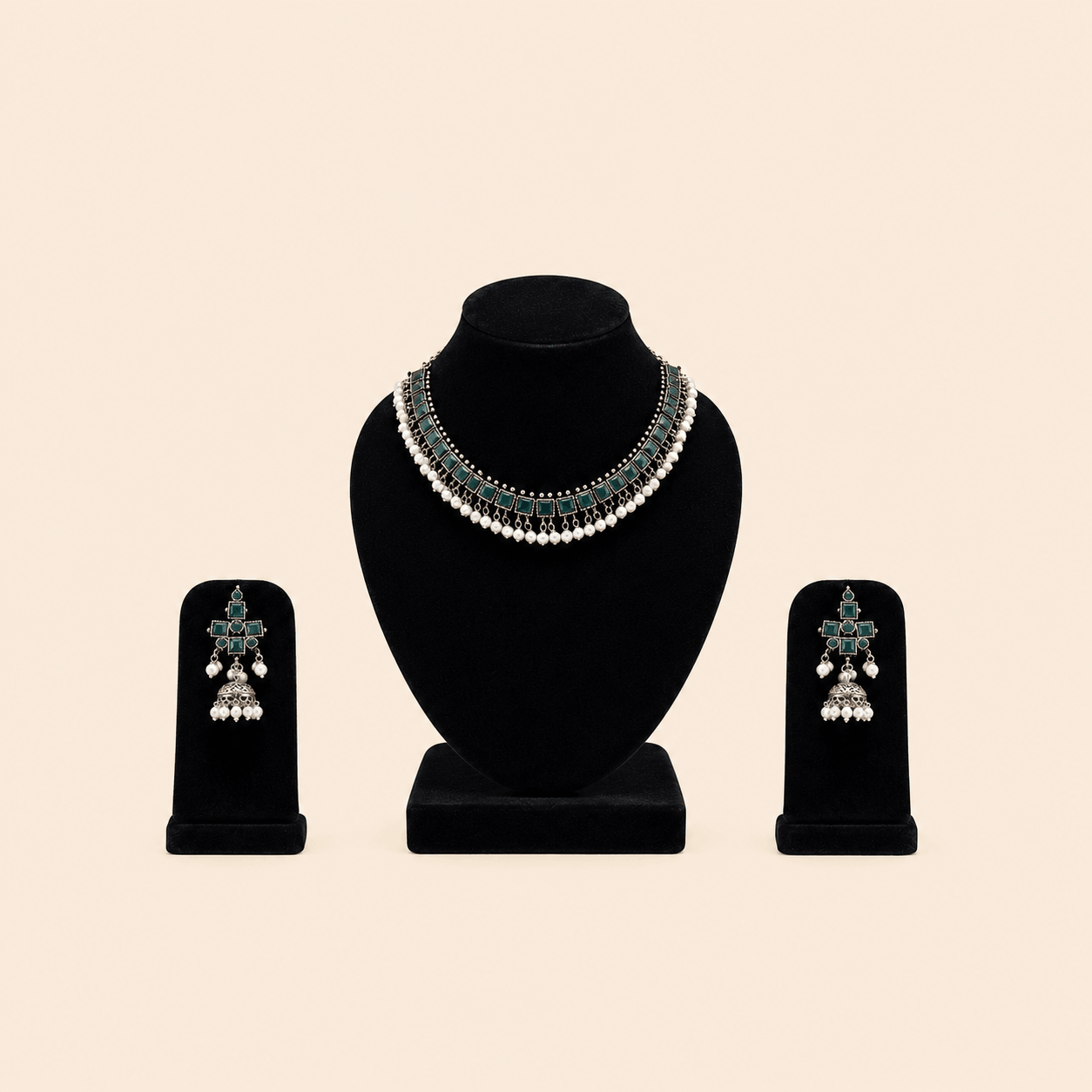 Regal Square-Stone Pearl Choker & Jhumka Earring Set – Assorted Colours – 0053M