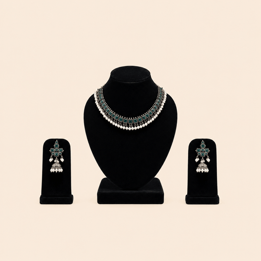 Regal Square-Stone Pearl Choker & Jhumka Earring Set – Assorted Colours – 0053M