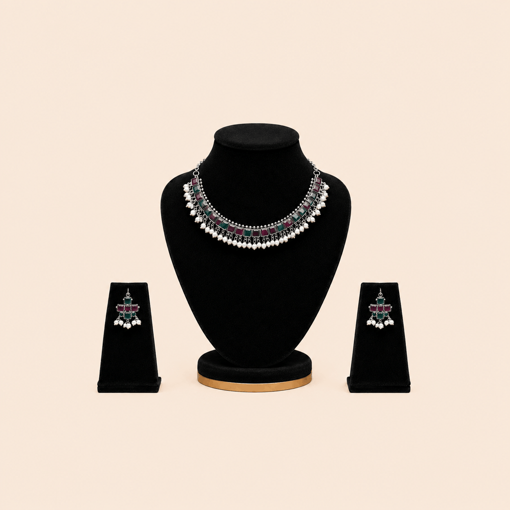 Regal Square-Stone Pearl Choker & Jhumka Earring Set – Assorted Colours – 0053M