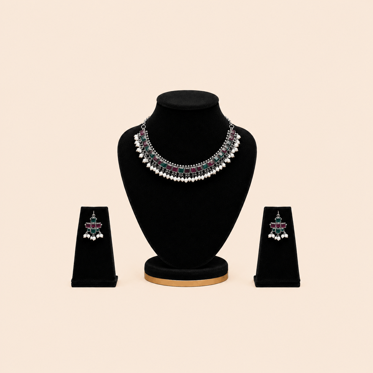Regal Square-Stone Pearl Choker & Jhumka Earring Set – Assorted Colours – 0053M