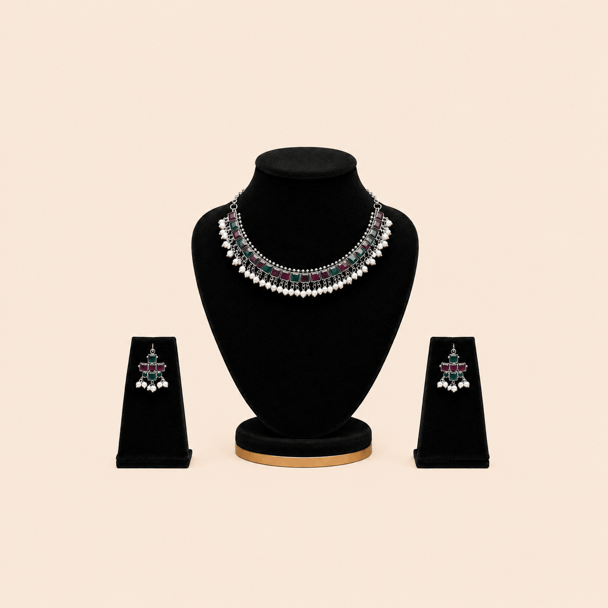 Regal Square-Stone Pearl Choker & Jhumka Earring Set – Assorted Colours – 0053M