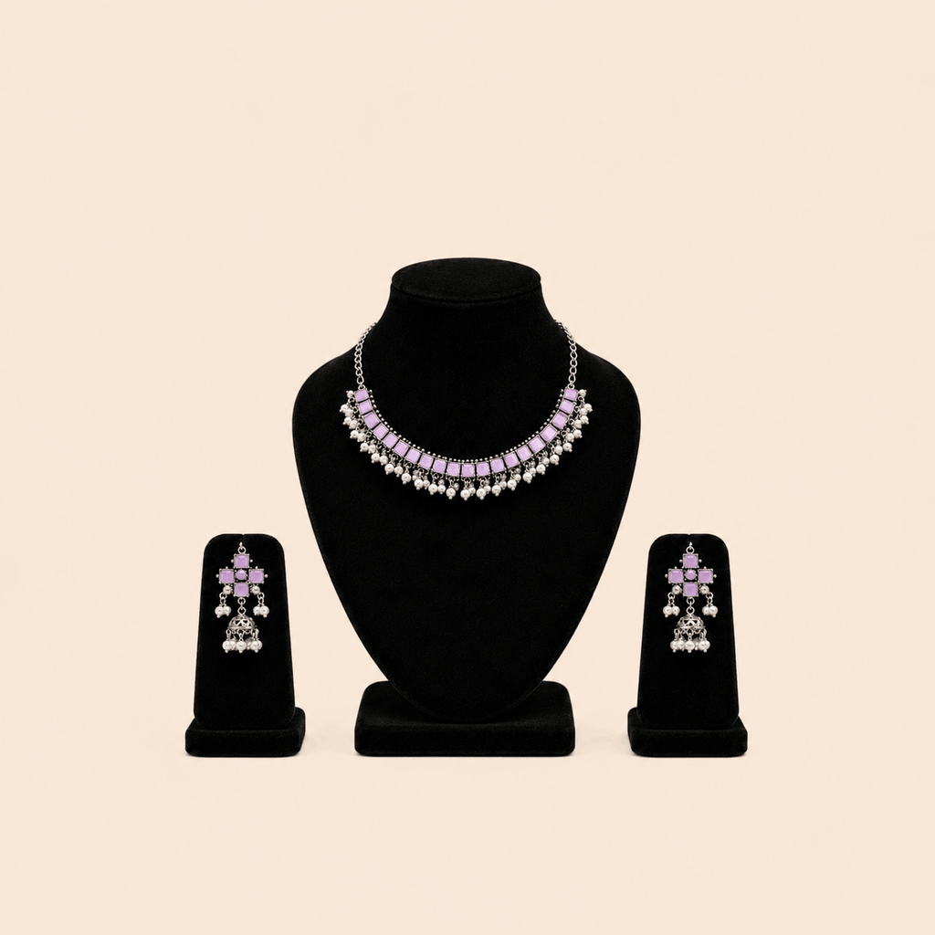 Regal Square-Stone Pearl Choker & Jhumka Earring Set – Assorted Colours – 0053M