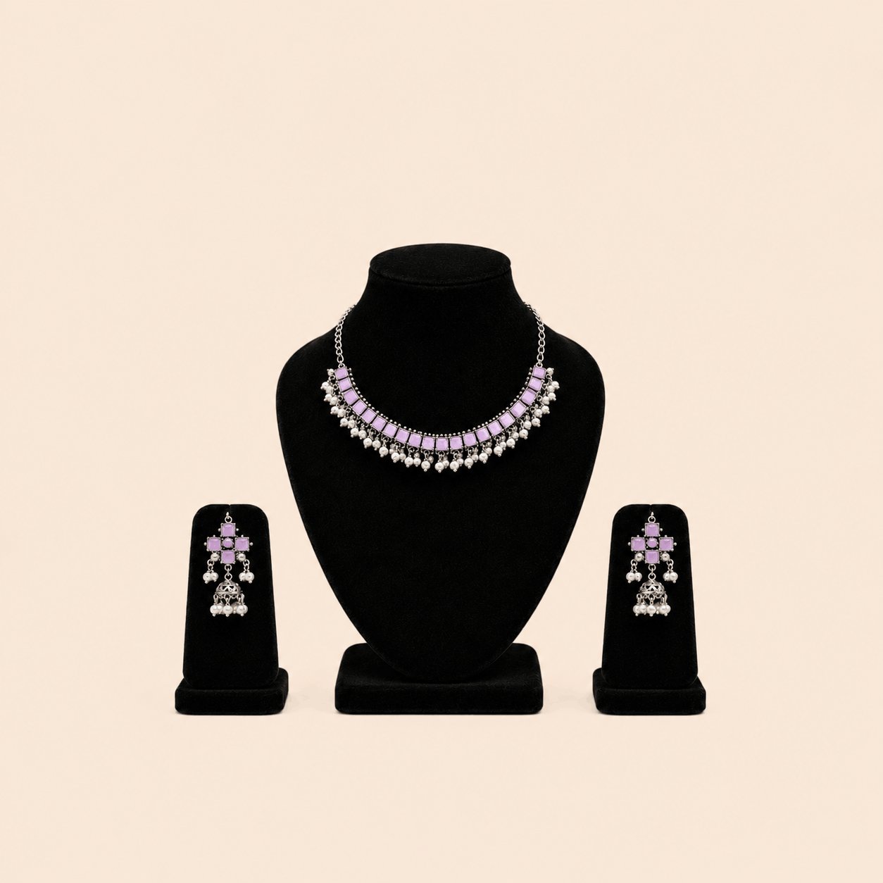 Regal Square-Stone Pearl Choker & Jhumka Earring Set – Assorted Colours – 0053M