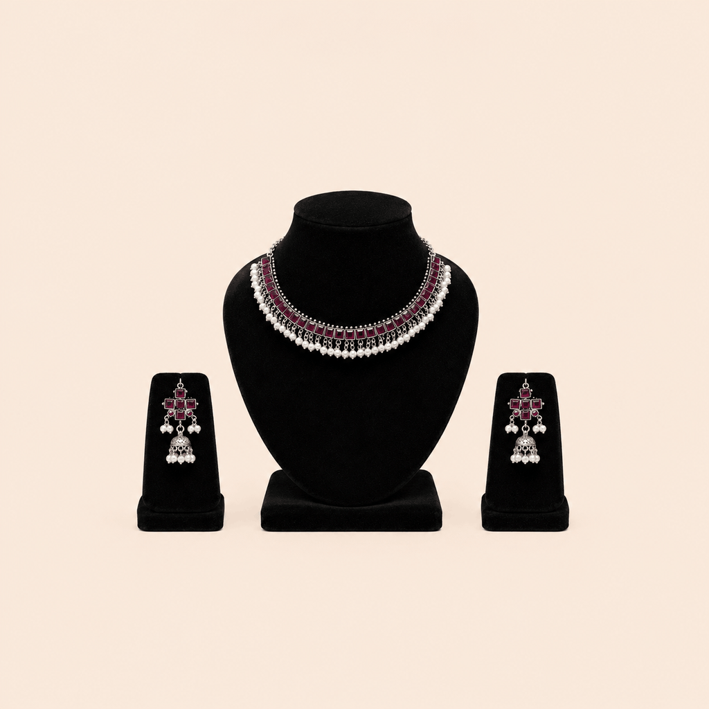 Regal Square-Stone Pearl Choker & Jhumka Earring Set – Assorted Colours – 0053M