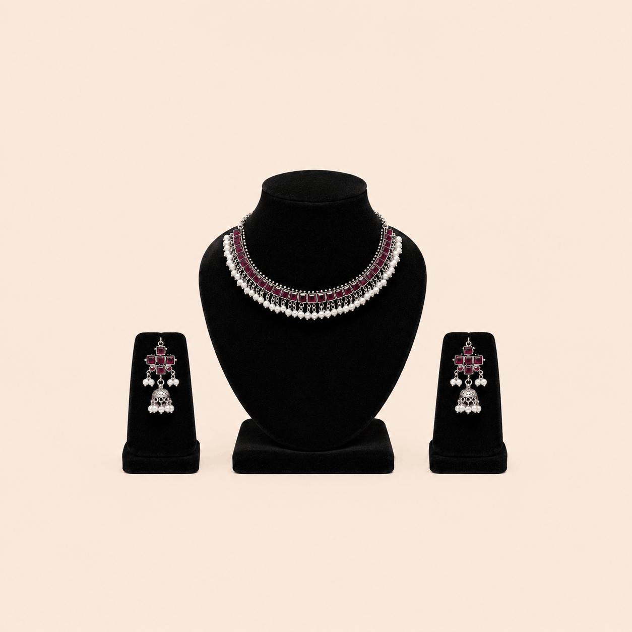Regal Square-Stone Pearl Choker & Jhumka Earring Set – Assorted Colours – 0053M